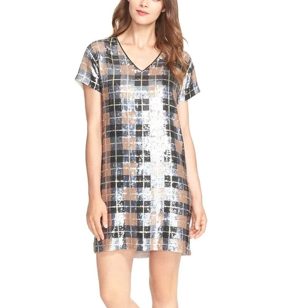 NWOT Kate Spade Sequin Plaid Shift Dress Pumice 4 V Neck Short Sleeve Party Mini